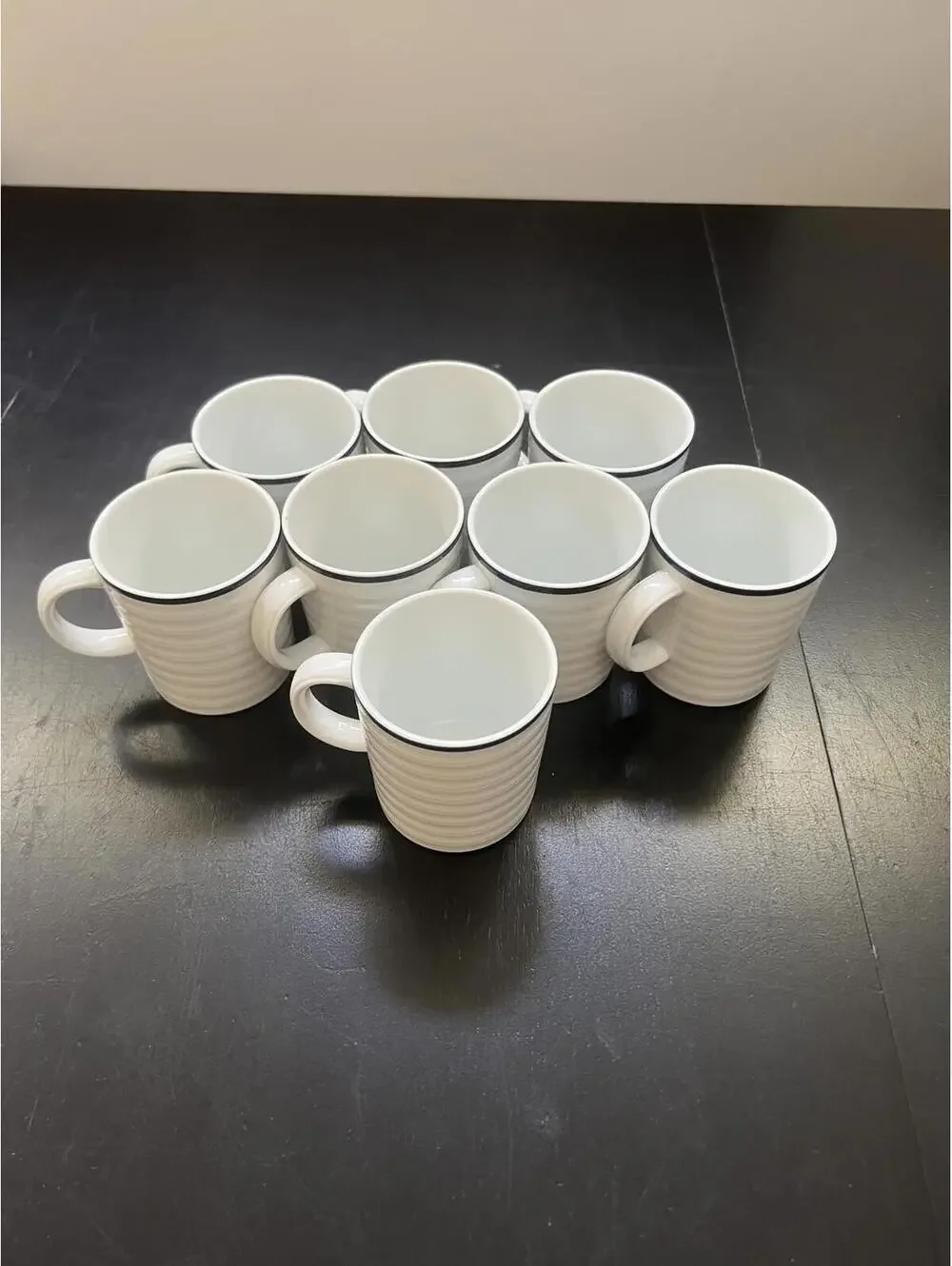 Crate & Barrel (4) White‎ Ribbed Blue Trim Porcelain Mug
